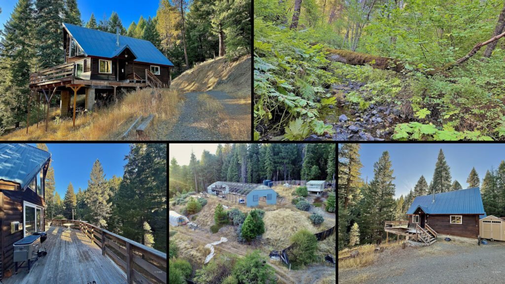 Exterior and land collage of a cheap log home on 13.22 acres for sale in Wildwood, California