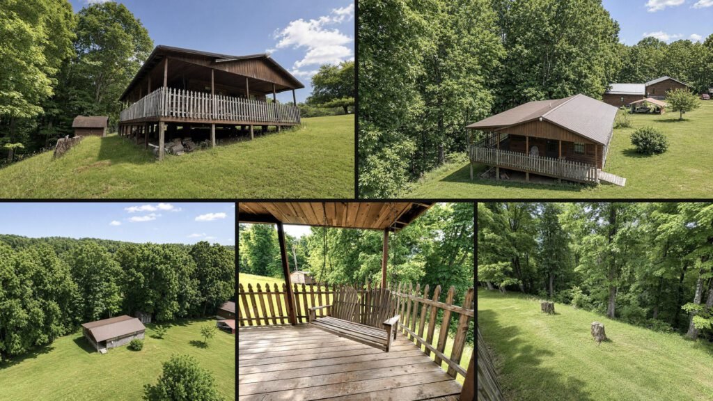 Exterior and land collage of a cheap mountain cabin on 3.63 acres for sale in Hillsboro, West Virginia