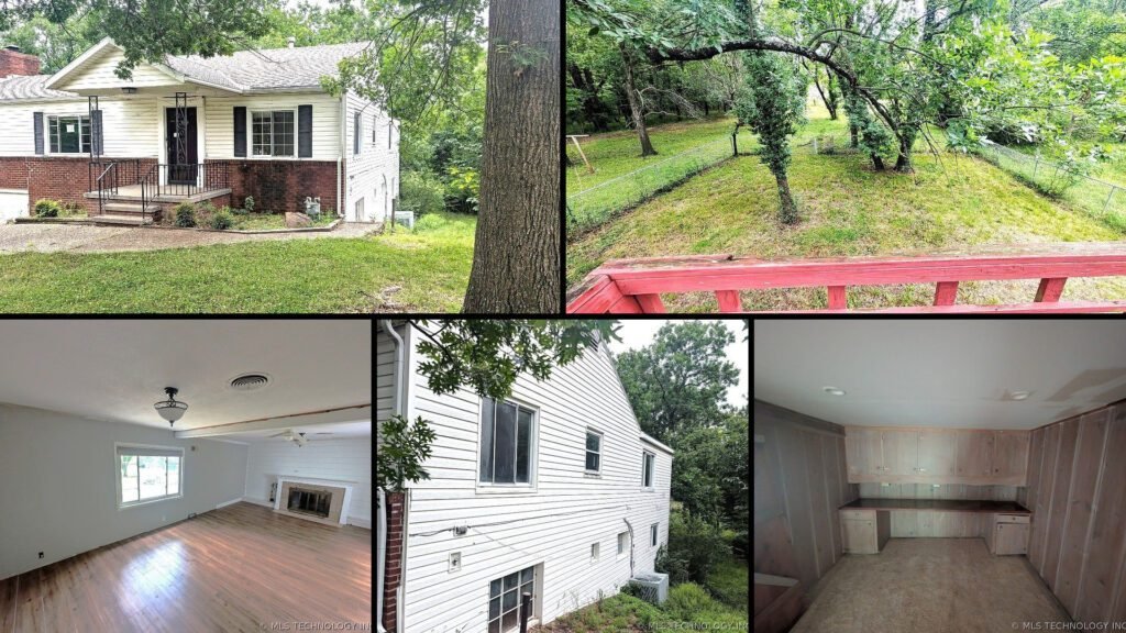 Exterior and land collage of a cheap farmhouse on 3.93 acres for sale in Bartlesville, Oklahoma