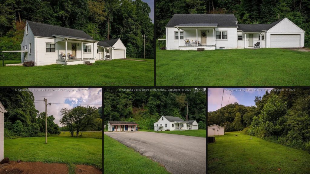Exterior and land collage of a cheap farmhouse on 23.69 acres for sale in Turtle Creek, West Virginia
