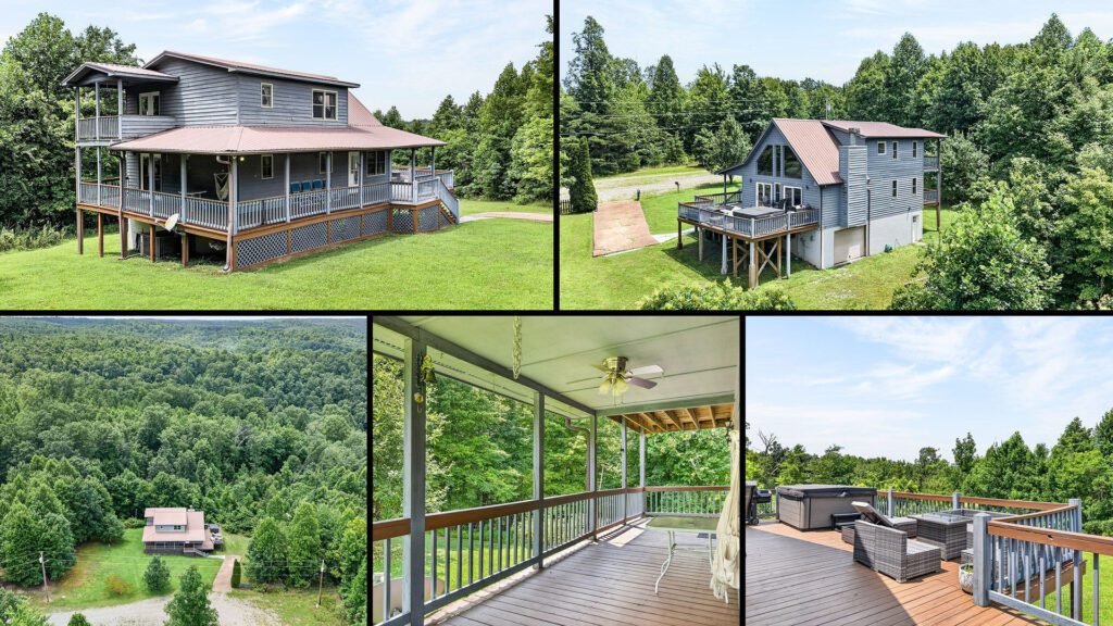 Exterior and land collage of a cheap home on 5.07 acres for sale in Crawford, Tennessee