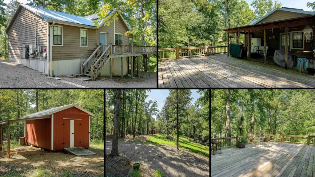 Exterior and land collage of a cheap home on 4.02 acres for sale in Counce, Tennessee