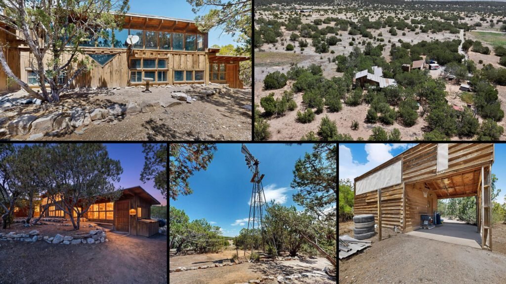 Exterior and land collage of a cheap farmhouse with land on 2.65 acres for sale in Moriarty, New Mexico