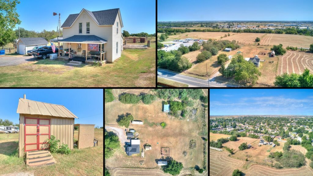Exterior and land collage of a cheap farmhouse on 2.13 acres for sale in El Reno, Oklahoma