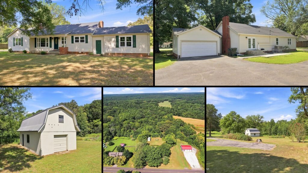 Exterior and land collage of a cheap home on 11 acres for sale in Cedar Grove, Tennessee