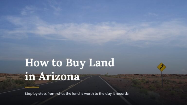 An empty two-lane highway running through red desert rangeland in northern Arizona, with the title How to Buy Land in Arizona