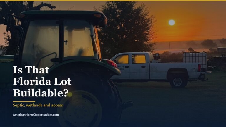 Cover image for the American Home Opportunities guide to checking whether land in Florida is buildable, covering septic rules, wetlands and legal access, over a rural Florida farm at sunrise.