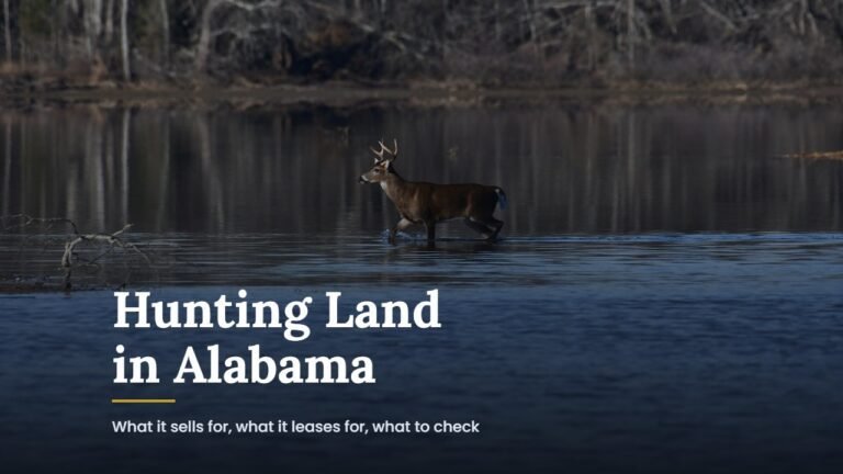 Guide to hunting land in Alabama, a white-tailed buck crossing shallow water in front of bare hardwoods near Decatur