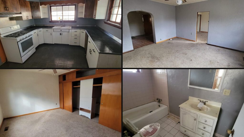 Interior collage of a cheap brick ranch for sale in Farmington, West Virginia — 0.35 acres at $34,700