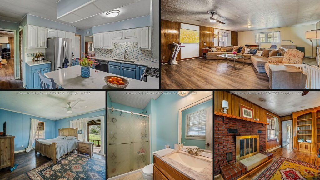 Interior collage of a cheap farmhouse for sale in Gay, West Virginia — 17.12 acres at $309,000