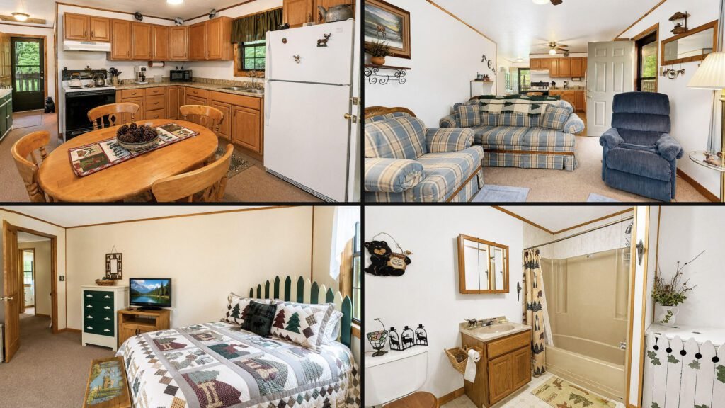 Interior collage of a cheap mountain cabin for sale in Hillsboro, West Virginia — 3.63 acres at $119,000