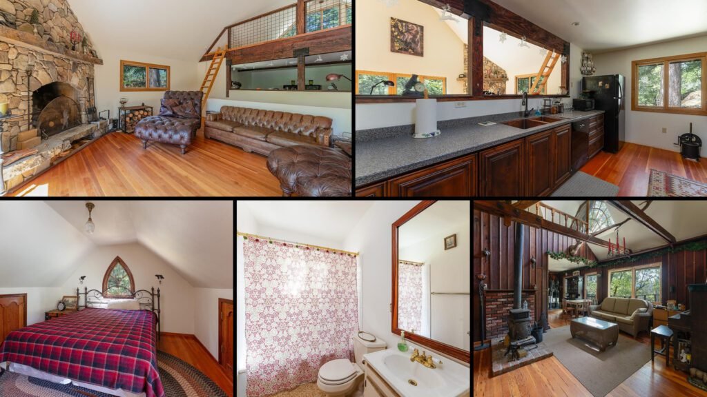 Interior collage of a cheap creekside cabin for sale in Potter Valley, California — 5.55 acres at $250,000