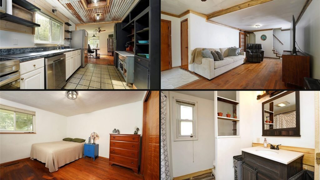 Interior collage of a cheap farmhouse for sale in Charleston, West Virginia — 8.4 acres at $160,000
