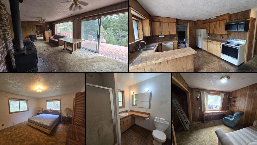 Interior collage of a cheap farmhouse for sale in Myers Flat, California — 20.24 acres at $290,000