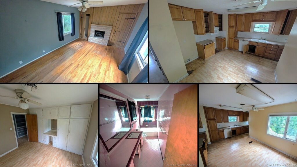 Interior collage of a cheap farmhouse for sale in Bartlesville, Oklahoma — 3.93 acres at $135,000