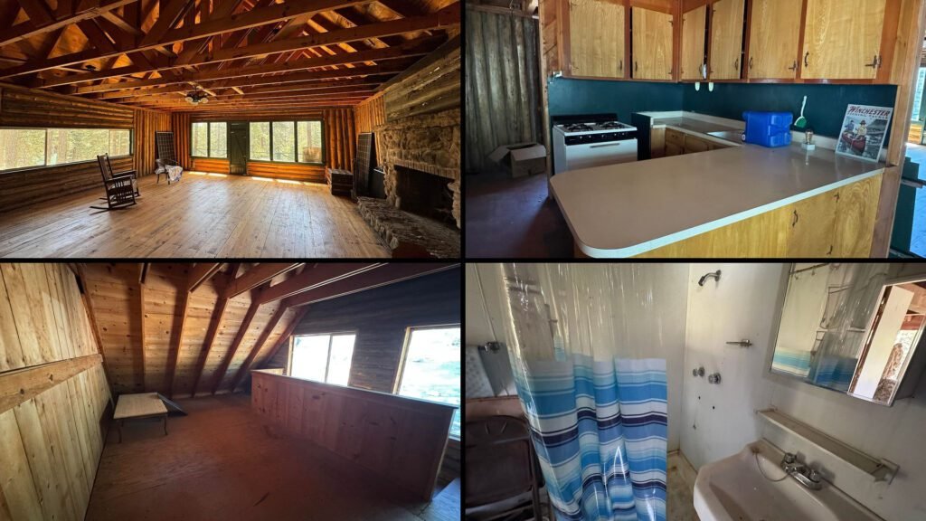 Interior collage of a cheap creekside cabin for sale in Chester, California — 1,023 sq ft at $69,000