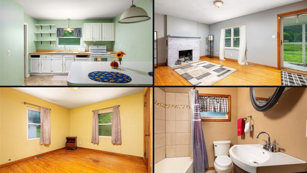 Interior collage of a cheap farmhouse for sale in Turtle Creek, West Virginia — 23.69 acres at $250,000
