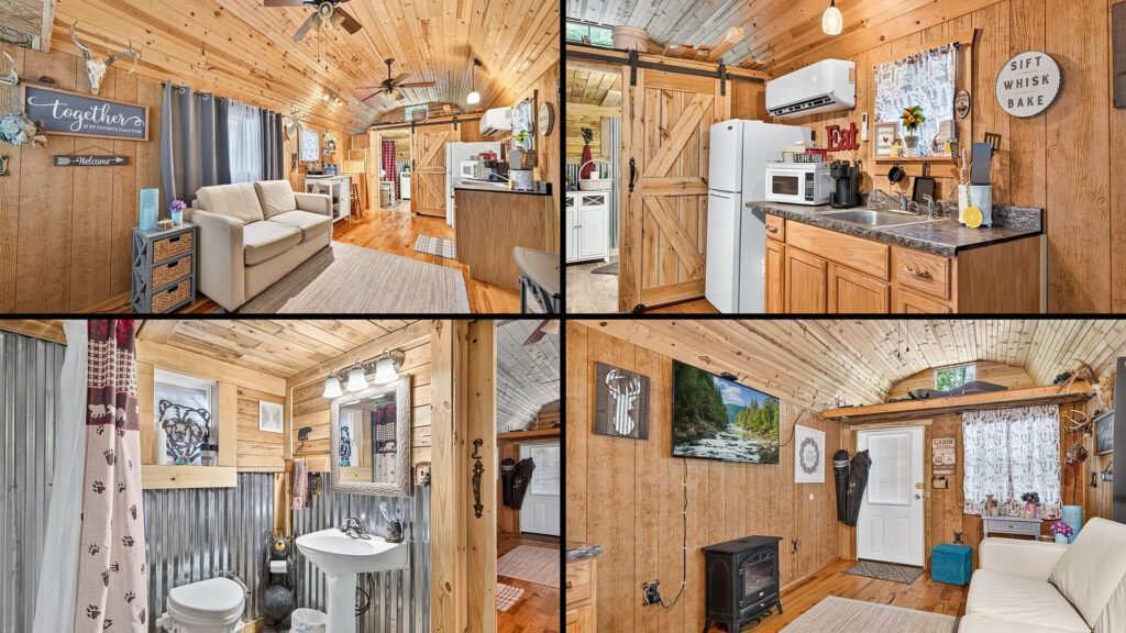 Interior collage of a cheap cabin for sale in Crawford, Tennessee — 6.25 acres at $150,000
