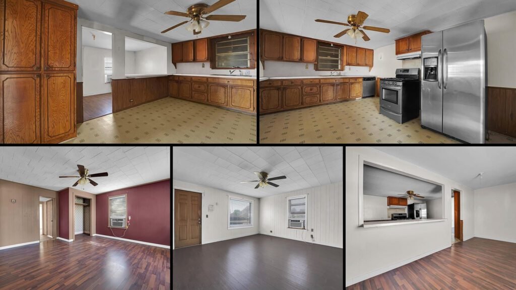 Interior collage of a cheap farmhouse for sale in Mangum, Oklahoma — 0.26 acres at $43,000