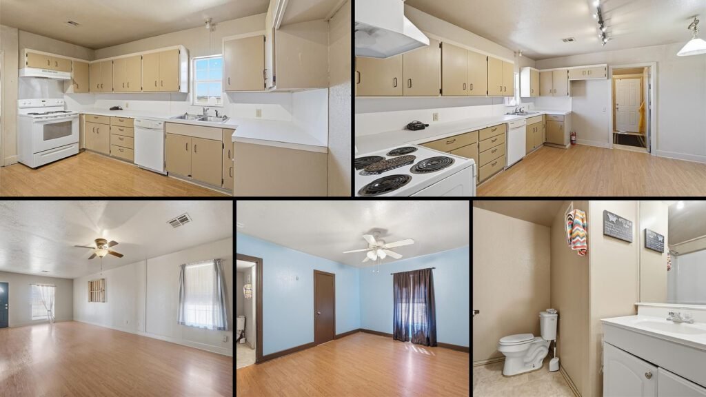 Interior collage of a cheap farmhouse for sale in Olustee, Oklahoma — 5 acres at $150,000