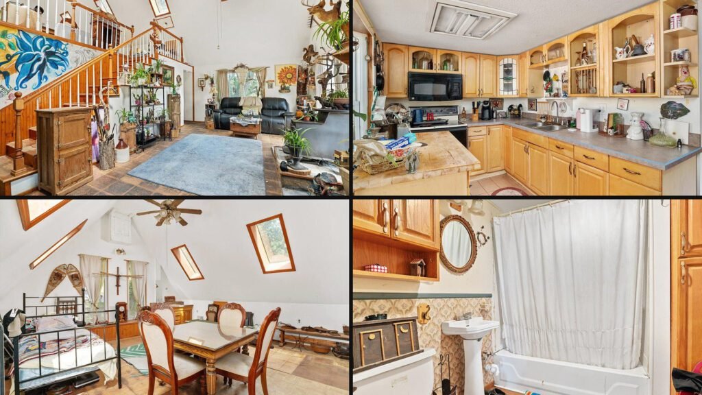 Interior collage of a cheap mountain cabin for sale in Capon Bridge, West Virginia — 5 acres at $195,000