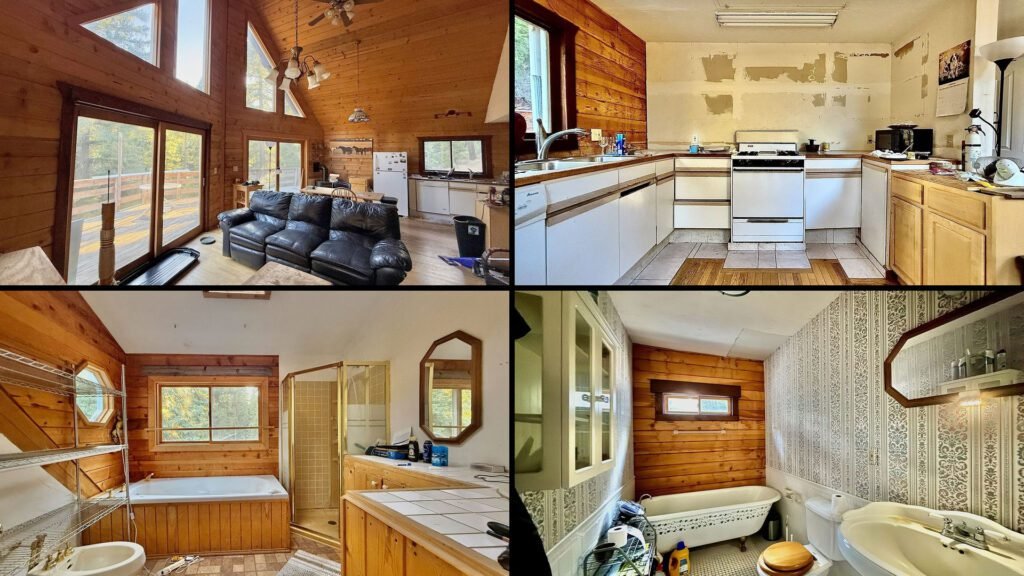 Interior collage of a cheap log home for sale in Wildwood, California — 13.22 acres at $140,000