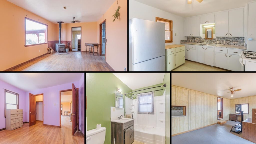 Interior collage of a cheap farmhouse with land for sale in La Luz, New Mexico — 1.38 acres at $110,000