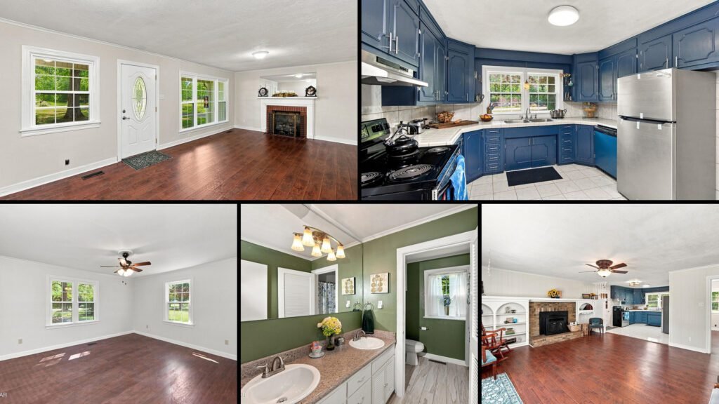 Interior collage of a cheap home for sale in Cedar Grove, Tennessee — 11 acres at $299,900