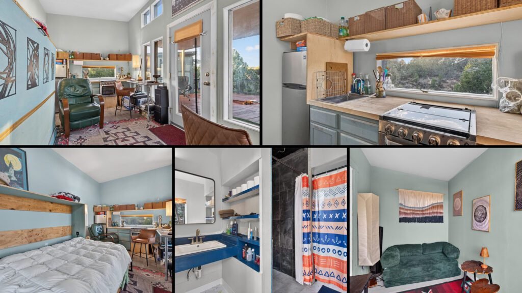 Interior collage of a cheap off-grid homestead with land for sale in Carson, New Mexico — 7.17 acres at $159,000
