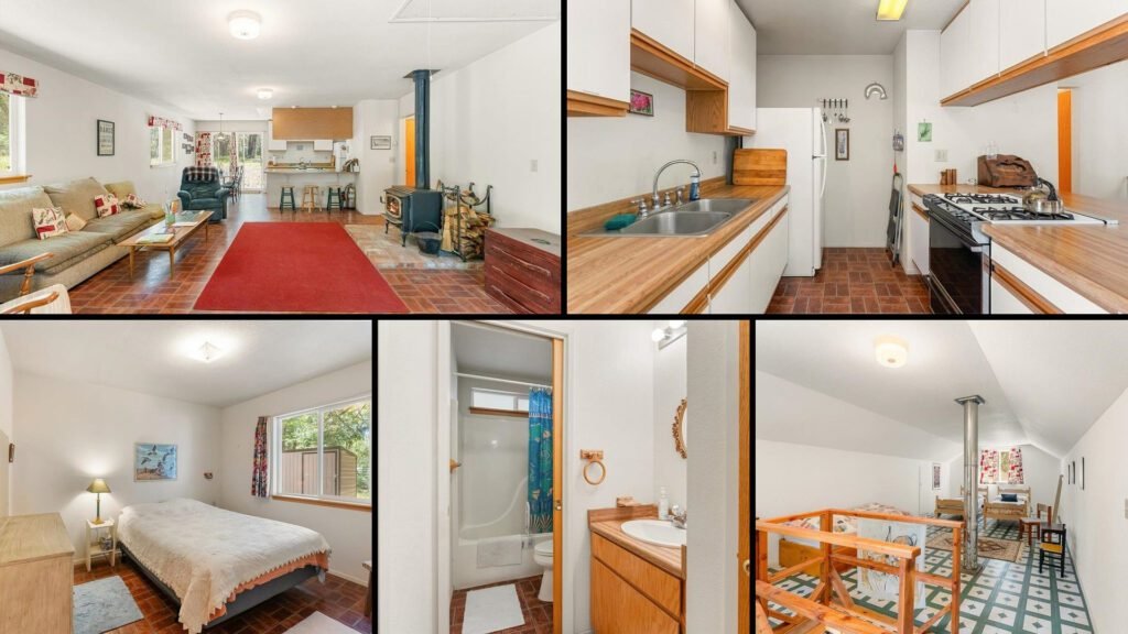 Interior collage of a cheap mountain cabin for sale in McCloud, California — 2.4 acres at $185,000