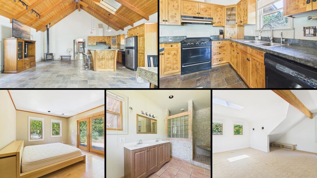 Interior collage of a cheap ridge home for sale in Garberville, California — 84.3 acres at $320,000