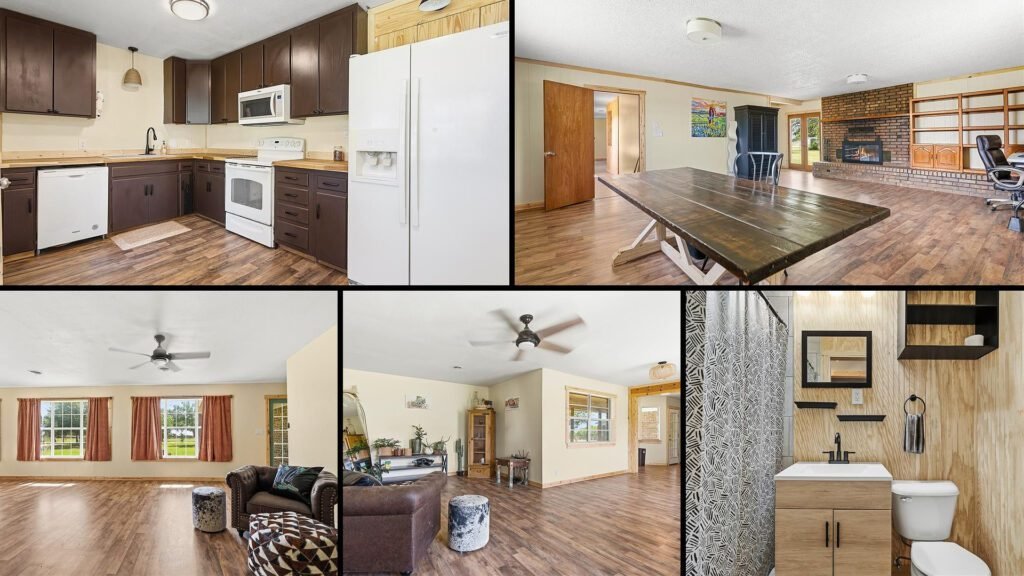 Interior collage of a cheap farmhouse for sale in Ringling, Oklahoma — 5 acres at $257,000