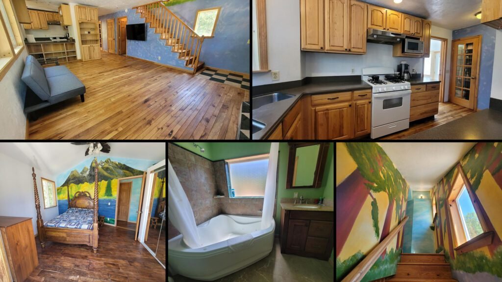 Interior collage of a cheap solar home for sale in Mad River, California — 52.22 acres at $340,000