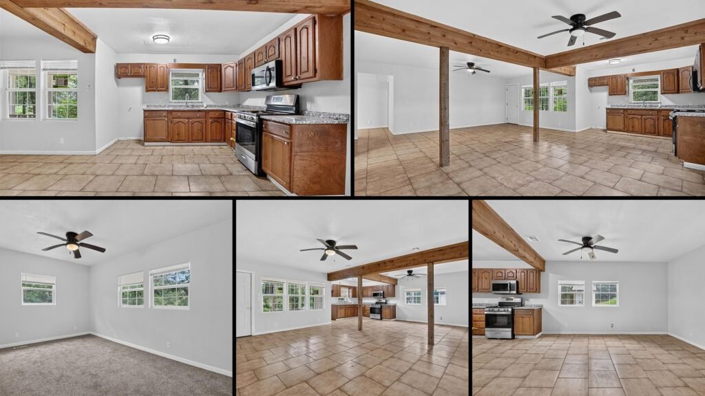 Interior collage of a cheap farmhouse for sale in Wellston, Oklahoma — 5 acres at $219,900