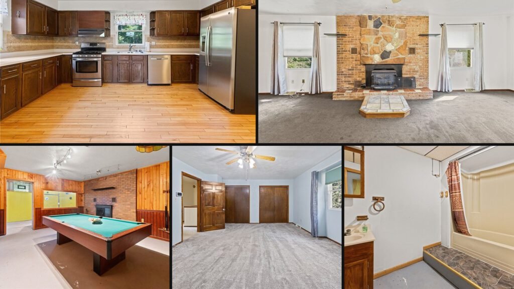 Interior collage of a cheap brick farmhouse for sale in Weirton, West Virginia — 8.57 acres at $320,000