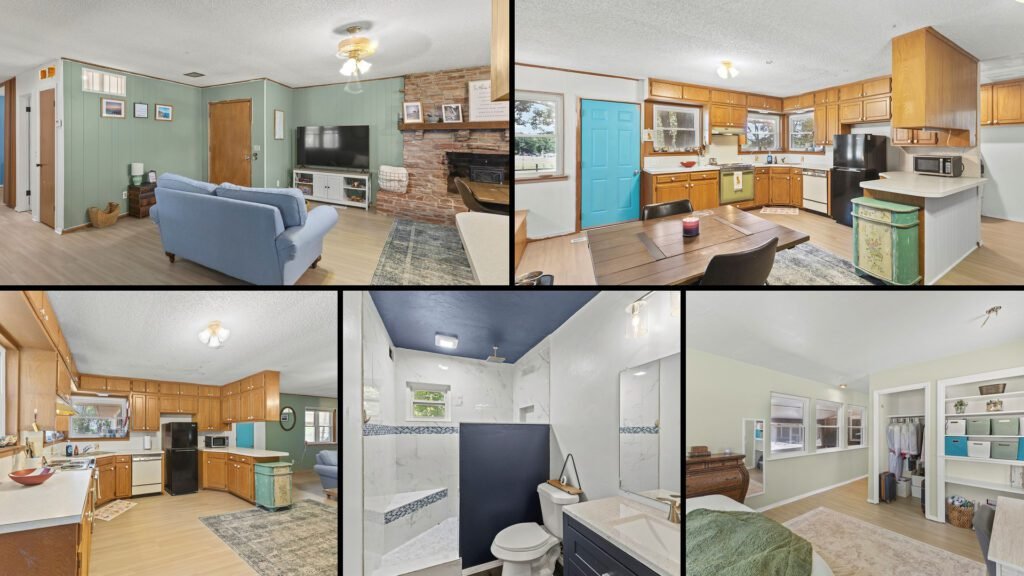 Interior collage of a cheap farmhouse for sale in Ada, Oklahoma — 3.15 acres at $187,500