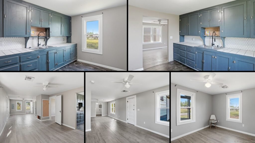 Interior collage of a cheap farmhouse for sale in Cushing, Oklahoma — 1.3 acres at $98,400