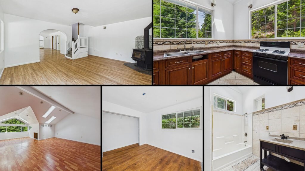 Interior collage of a cheap redwood home for sale in Garberville, California — 26 acres at $395,000