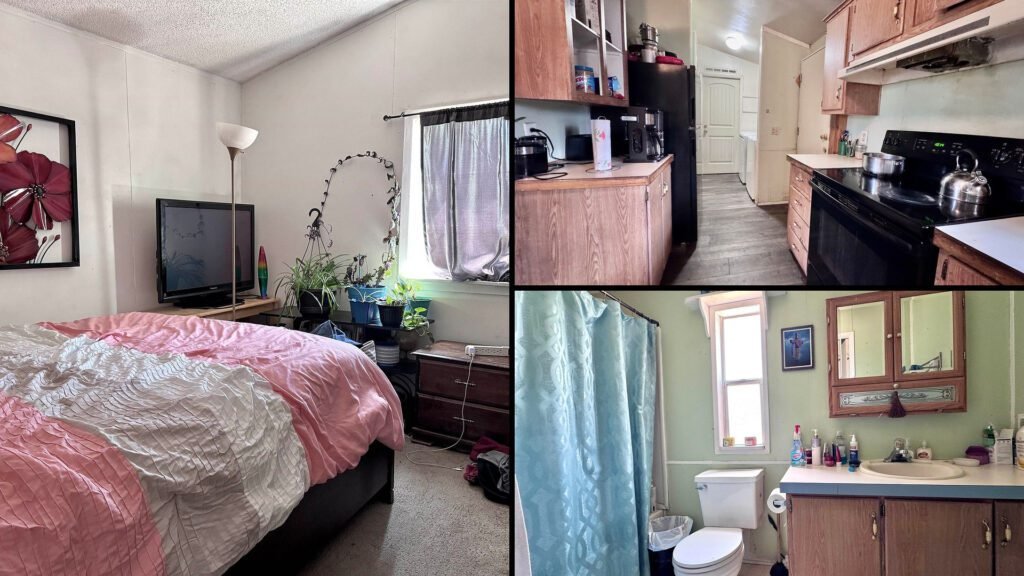 Interior collage of a cheap manufactured home for sale in Doyle, California — 2.52 acres at $109,000