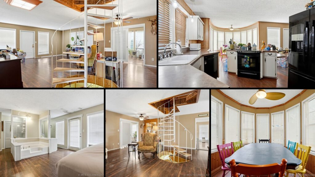 Interior collage of a cheap farmhouse for sale in Webbers Falls, Oklahoma — 25.2 acres at $295,000
