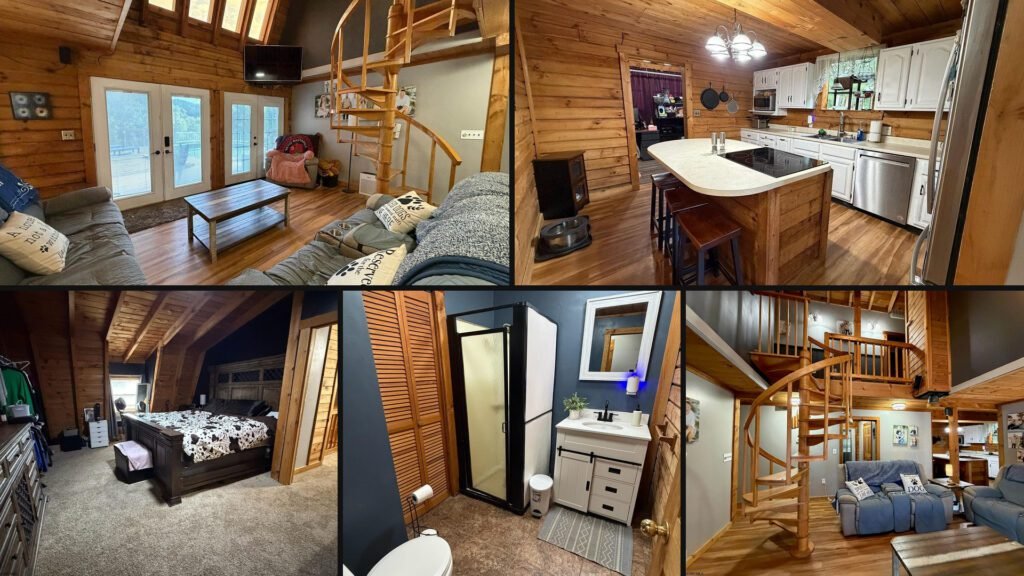 Interior collage of a cheap log home for sale in Jane Lew, West Virginia — 6.97 acres at $350,000