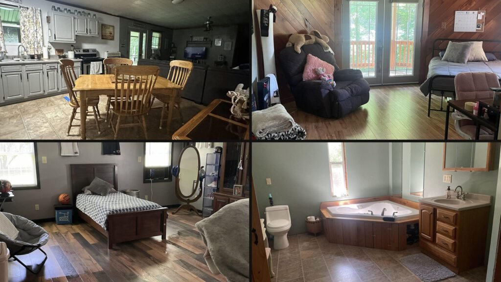 Interior collage of a cheap riverfront farmhouse for sale in Diana, West Virginia — 8 acres at $220,000