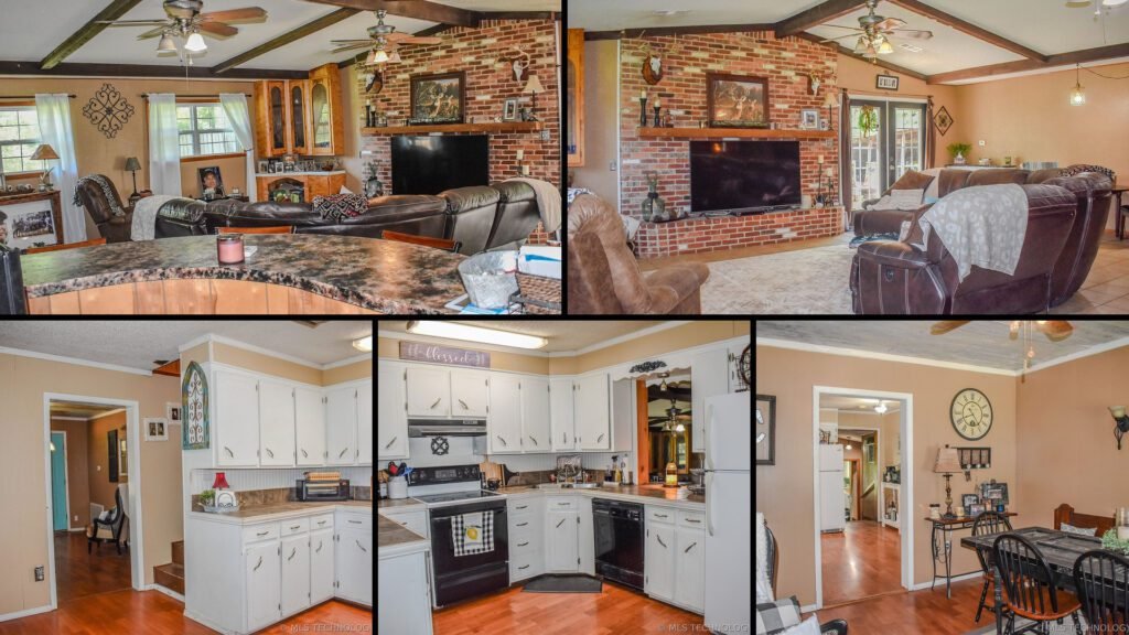 Interior collage of a cheap farmhouse for sale in Hugo, Oklahoma — 5 acres at $209,000