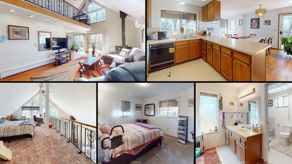 Interior collage of a cheap foothill home for sale in Dobbins, California — 9.33 acres at $358,000