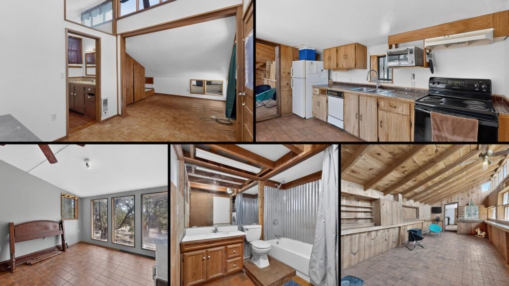 Interior collage of a cheap farmhouse with land for sale in Moriarty, New Mexico — 2.65 acres at $180,000