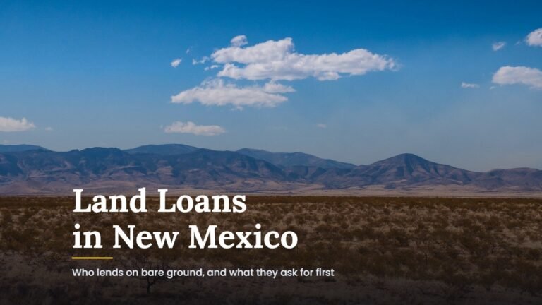 Open desert grassland and distant mountains in New Mexico with the title Land Loans in New Mexico