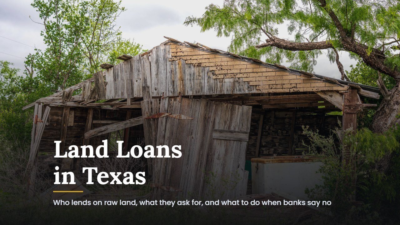 Weathered old barn on rural land in Texas, with the title Land Loans in Texas
