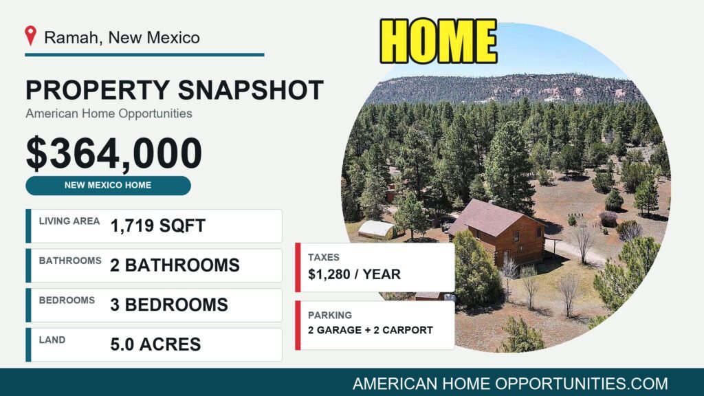 Price card for a cheap farmhouse with land for sale in Ramah, New Mexico — $364,000, 5 acres