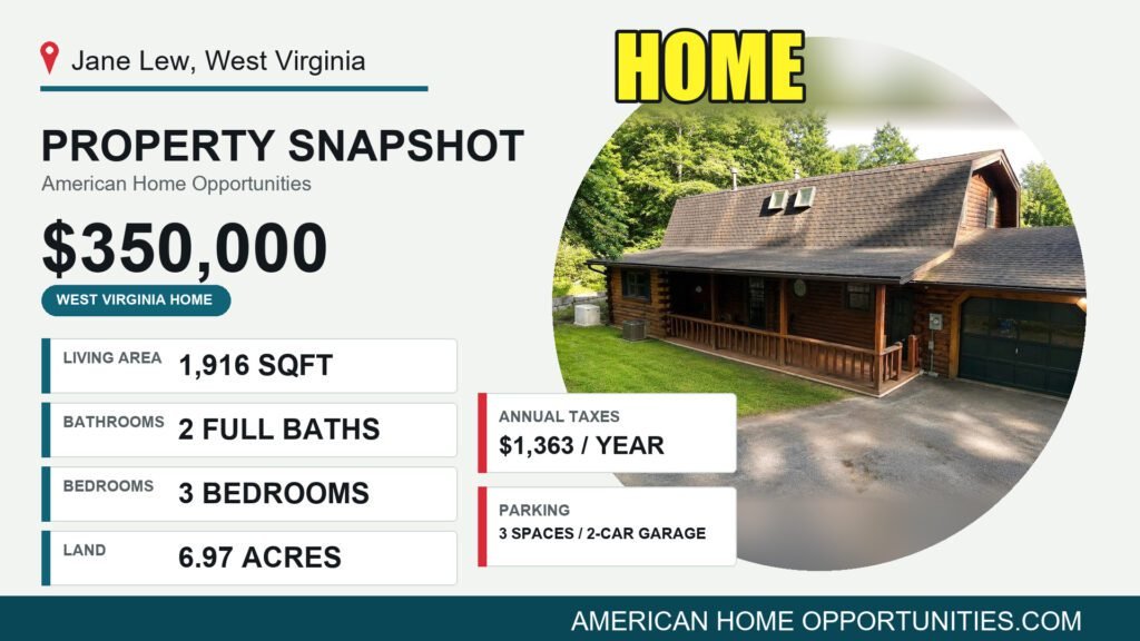 Price card for a cheap log home with land for sale in Jane Lew, West Virginia — $350,000, 6.97 acres