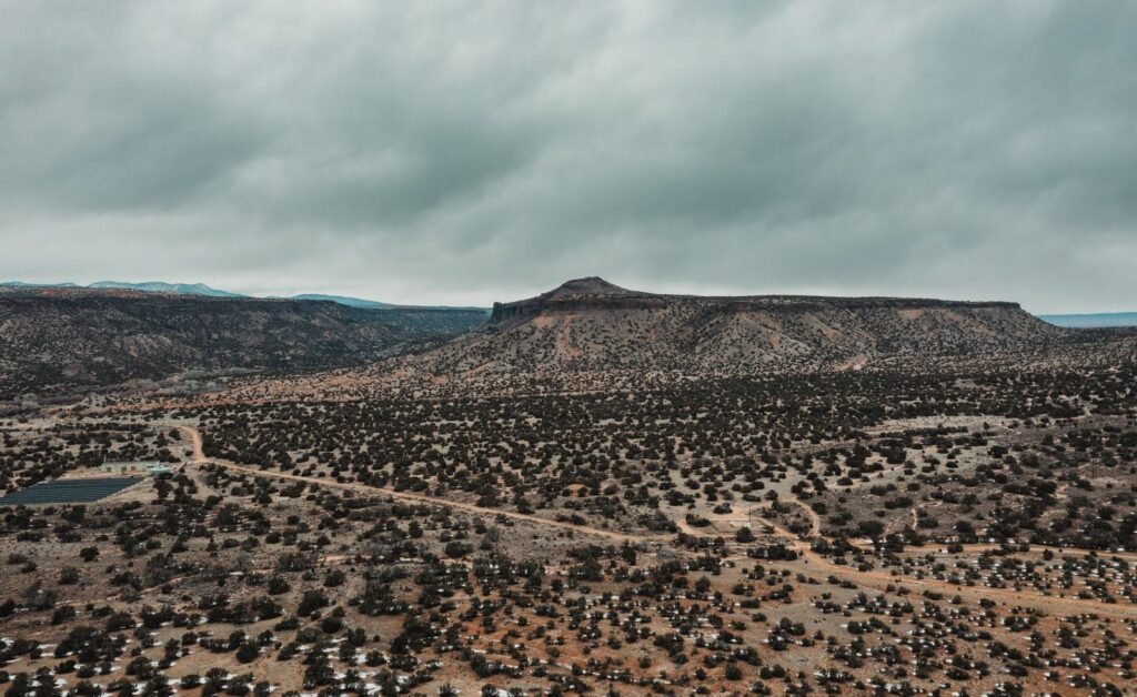 Aerial view of pinon and juniper mesa cut by dirt roads near White Rock, New Mexico